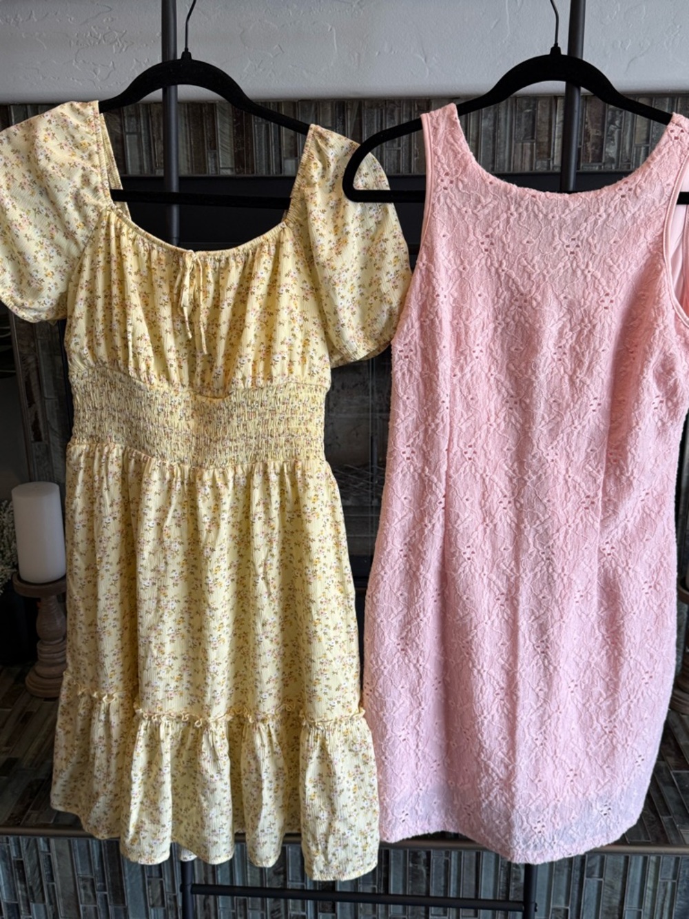 Yellow Floral Smocked Sundress & Pink Lace Tank Dress Duo